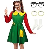 Clarisbelle Women's Halloween 4 Pcs Peter Pan Collar Costume Long Sleeve Green Mini Dress Cosplay Outfits