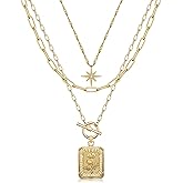 MJartoria Layered Necklaces for Women Trendy, 14K Gold Plated Brass Simple Star Choker Square Birth Flower Necklace, Paperclip Chain Necklaces Jewelry Gifts