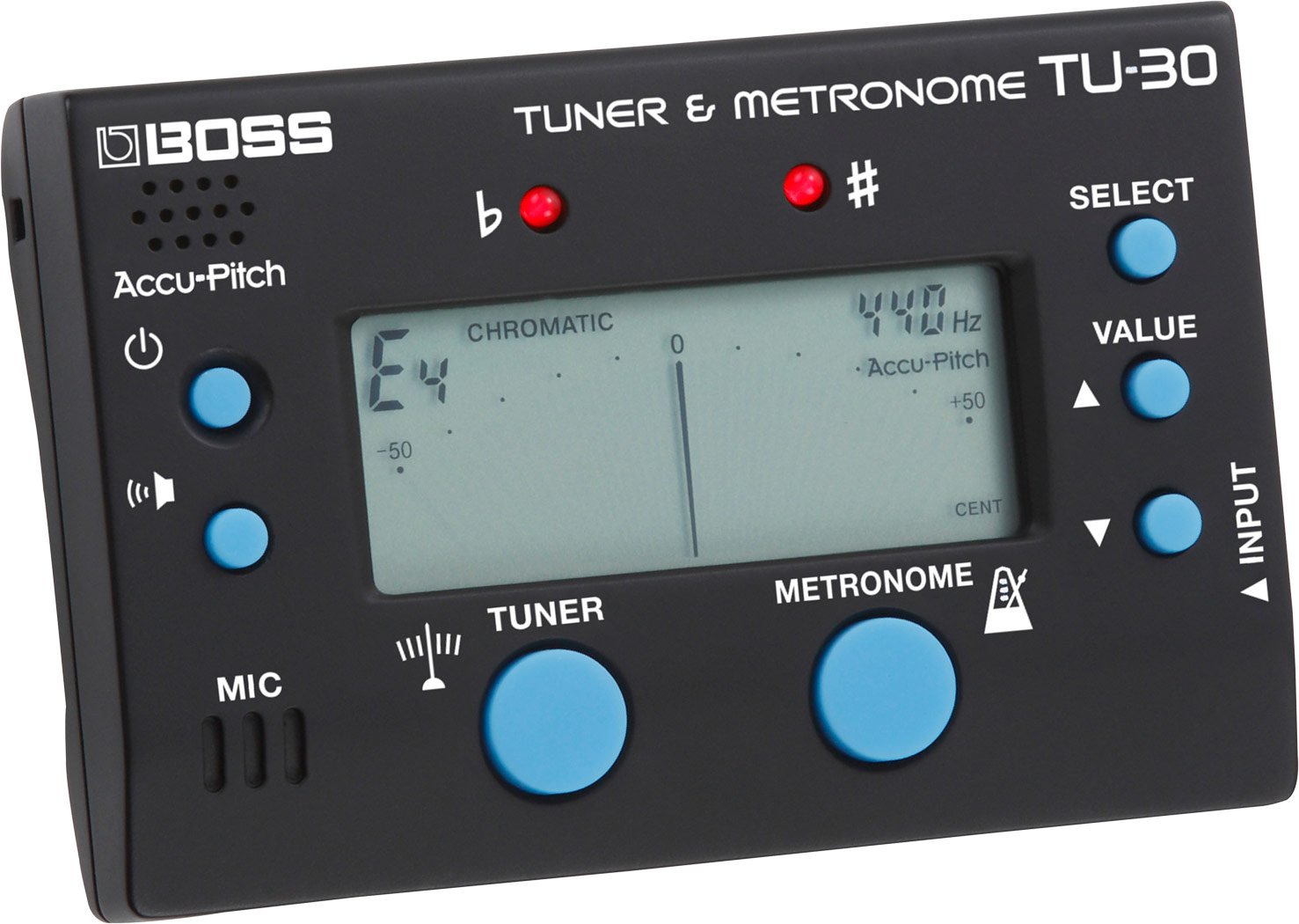 BOSS TU-30 Pro tuner and versatile metronome for guitars, basses, and flat tuning