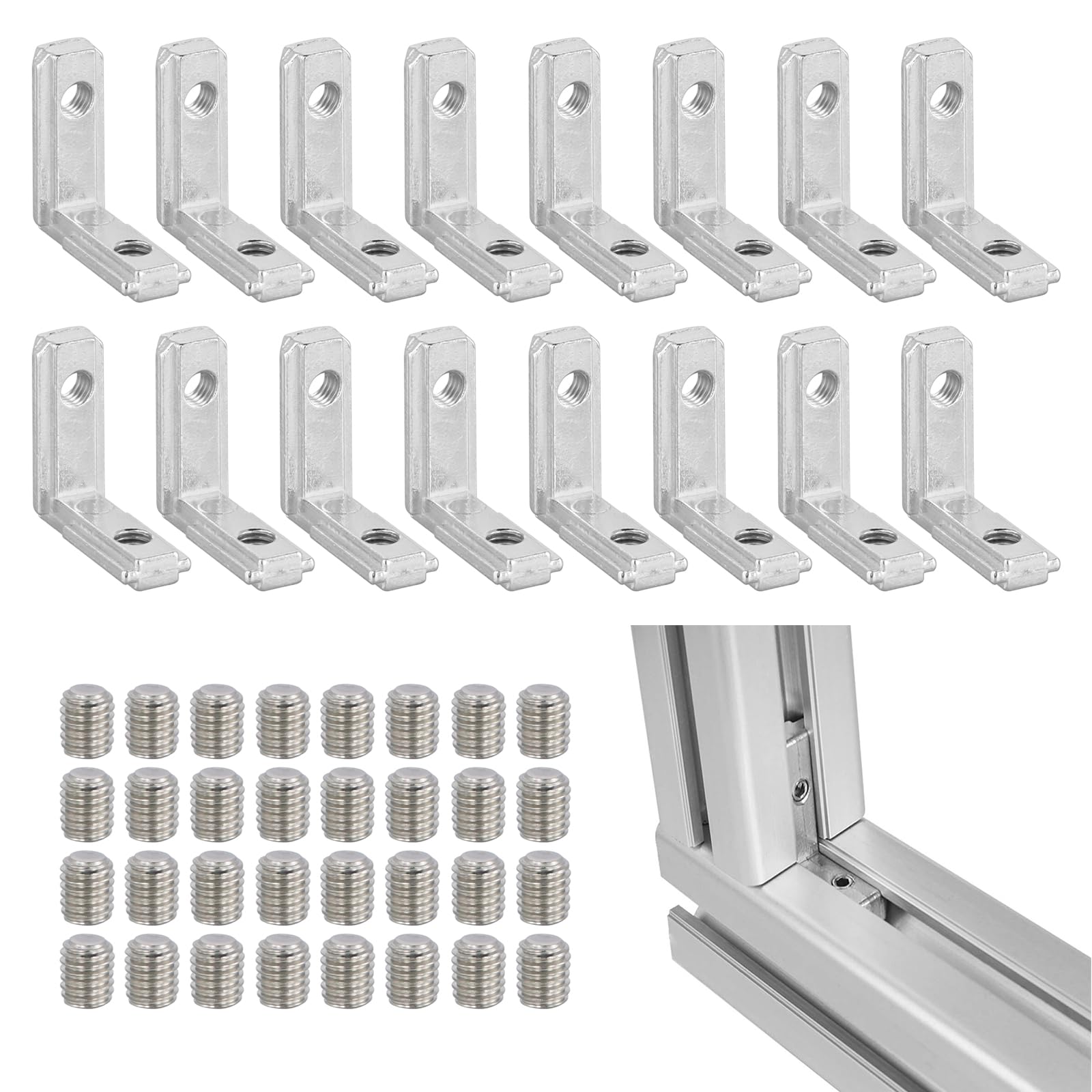 16 Pcs T Slot 2020 Aluminum Profile, L-Shape Interior Inside Corner Connector with M5 Screws, Zinc Alloy Extrusion Connector Brackets 90 Degree for Chair Bookshelf Board Window Furniture