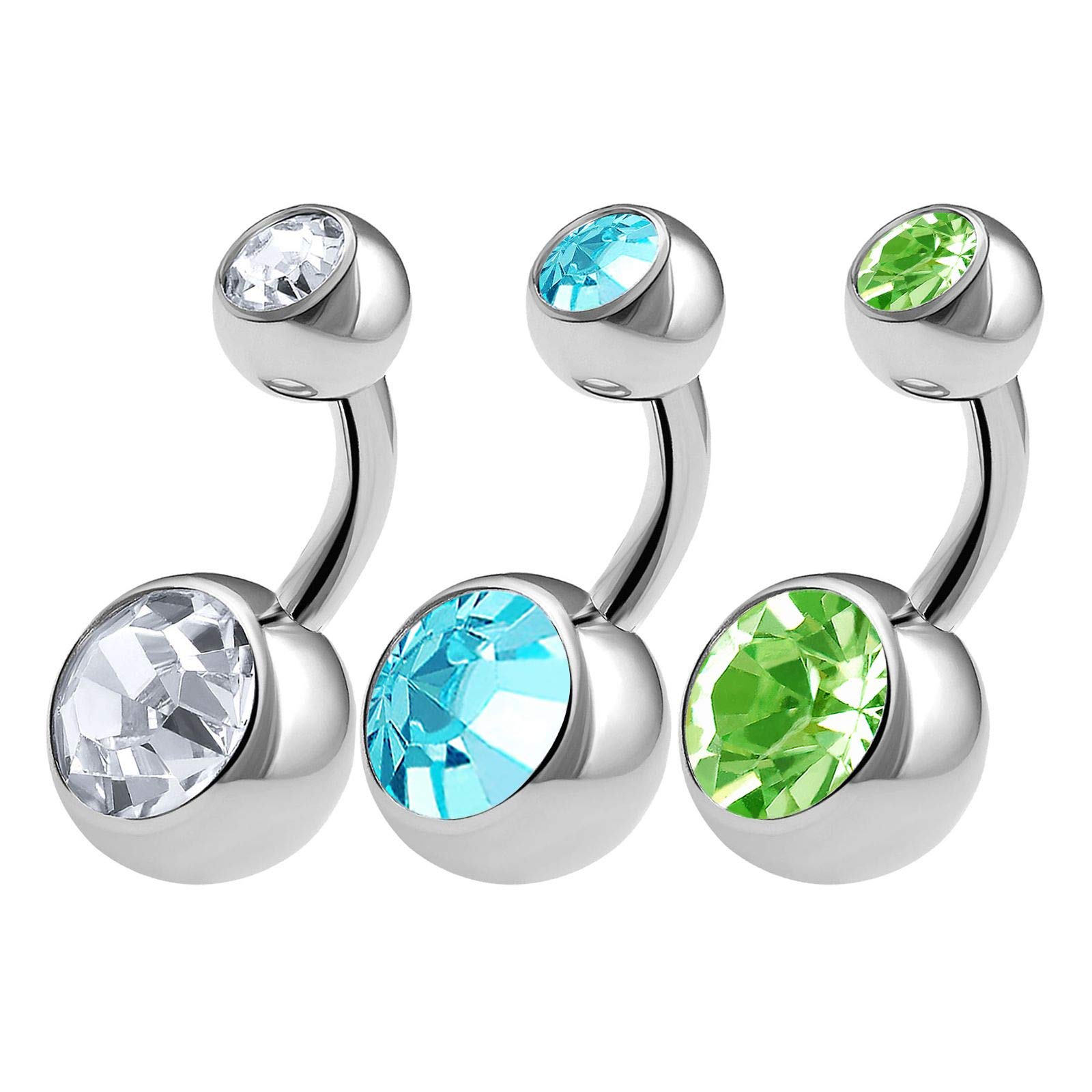 KJM FASHION 3PCS 316L Surgical Steel Shallow Belly Button Studs 14 Gauge 1/4 6mm Clear Aquamarine Peridot Short Navel Bars Jewellery 0621