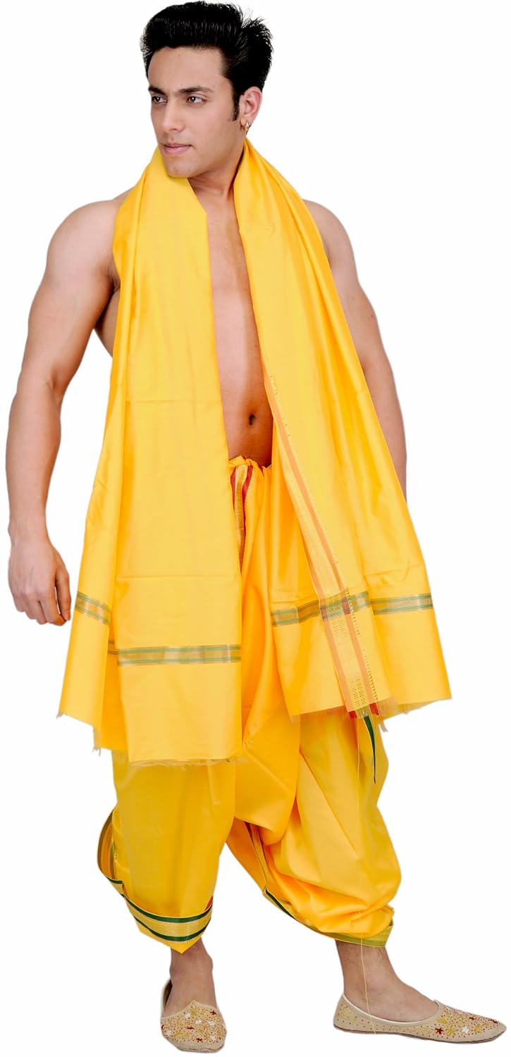exotic india beeswax-yellow dhoti and angavastram set with woven border for men