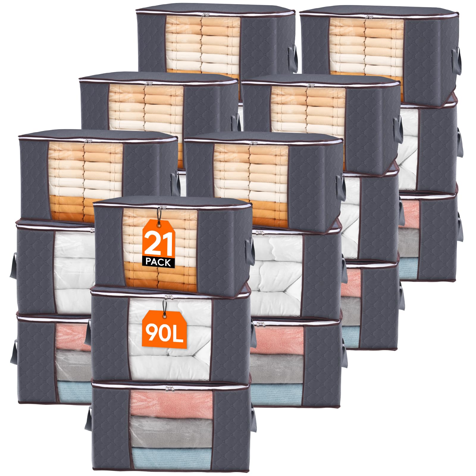 Lifewit 21 Pack 90L Clothes Storage Bins with Lids, Foldable Blanket Storage Bags with Zippers, Clear Window and Reinforced Handles, Closet and Organization for Clothing, Sweater, Comforter, Bedding Image