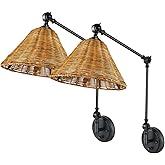 JO.KO Rattan Plug in Wall Sconce Set of 2, Black Wall Lamps with Plug in Cord and Dimmer, Hand Woven Boho Sconces Swing Arm W