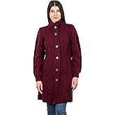 SAOL 100% Merino Wool Irish Cardigan for Women with Celtic Knot Buttons -Aran Long Outdoor Cable Knit Coatigan