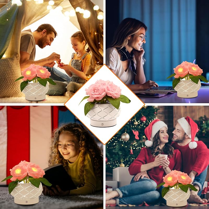 Lampada touch a forma di fiore di girasole, lampada da tavolo senza fili ricaricabile, 3 colori, dimmerabile,regalo per la mamma per San Valentino, festa della mamma (Rose-6)