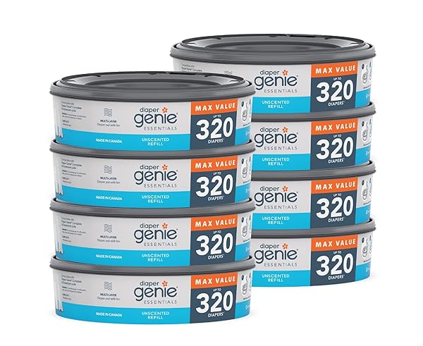 DIAPER GENIE ESSENTIALS ROUND REFILL 8-PACK | HOLDS UP TO 2560 NEWBORN DIAPERS | FEATURES UNSCENTED CONTINUOUS FILM | COMPATIBLE WITH DIAPER GENIE COMPLETE AND EXPRESSIONS PAILS,8 COUNT (PACK OF 1)
