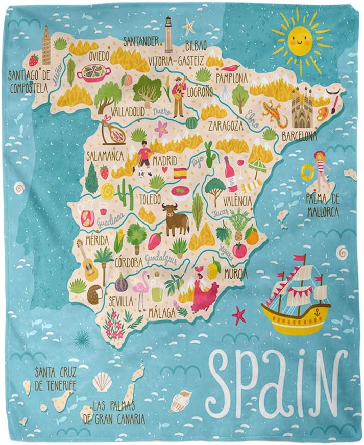 rouihot 60x80 Inches Throw Blanket Map of Spain Travel Spanish Landmarks People Food Warm Cozy Print Flannel Home Decor Comfortable Blanket for Couch Sofa Bed