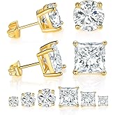 Dwearbeauty 6 Pairs Stud Earrings set, 4mm/6mm/8mm 18K Gold Plated Princess & Round Cubic Zirconia Earrings Nickel Free Earrings CZ Earring for Women Men