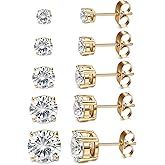 Kainier Women's 14K Gold Plated CZ Stud Earrings Simulated Diamond Round Cubic Zirconia Ear Stud Set(5 Pairs)…