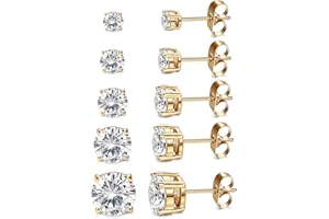 Kainier Women's 14K Gold Plated CZ Stud Earrings Simulated Diamond Round Cubic Zirconia Ear Stud Set（5 Pairs)…