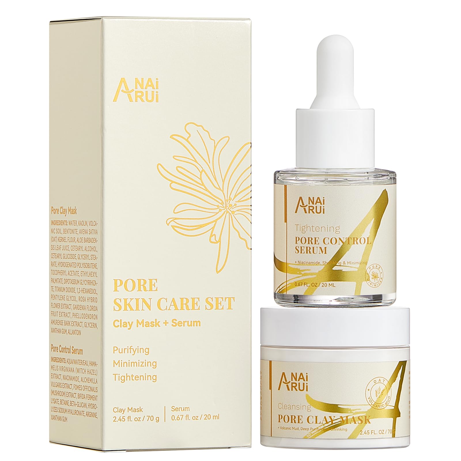 ANAiRUi Pore Skin Care Set | Pore Clay Mask + Pore Control Serum + Pore Minimizer, Refines Enlarged Pores & Reducers Blackheads, Control Excessive Oil, Valentine's Day Gift