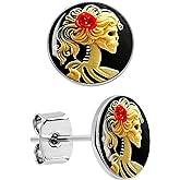 Body Candy Red Rose Skull Skeleton Stud Earrings - Stainless Steel Earrings for Halloween, Day of the Dead