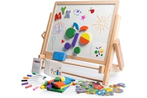 SVAN Wood Double-Sided Tabletop Easel 80 pc Activity Set for Kids - Childrens Magnetic Dry Erase Whiteboard & Chalkboard, Alphabet Phonic Letters & Shapes - Art STEM Play Center, Great Girls Boys Gift