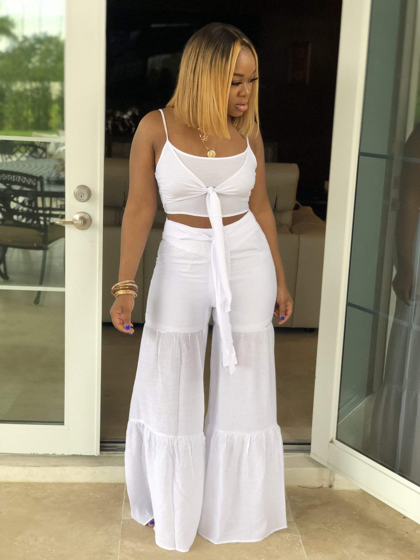 Salimdy Women\'s 2 Piece Strap Crop Tops Wide Leg Pants Jumpsuit White Small