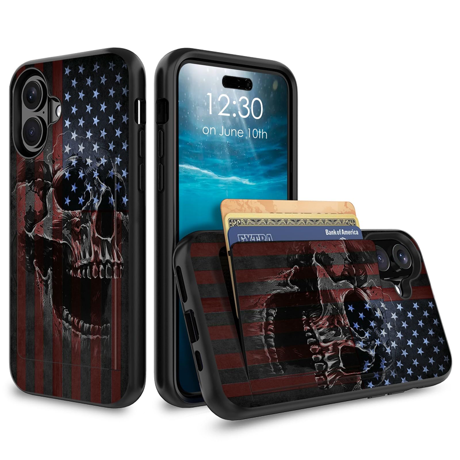 Photo 1 of BPQOJB for iPhone 16 Case Wallet Cover with Credit Card Holder Dual Layer Shock Proof Protective Phone Case for iPhone 16 6.1 inch 2024 - American Flag and Skull