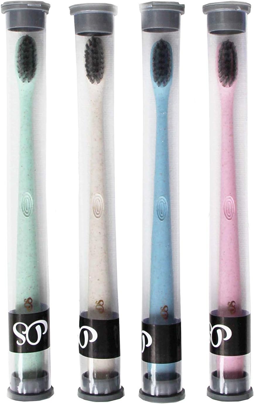 Soft Black Natural Charcoal Bamboo Activated Bristled Toothbrush | Aids Teeth Whitening | Great with Charcoal Toothpaste or Powder | Family Pack of 4 | Travel Cases Included