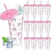 Reallnaive 12 Pcs Pink Bow Plastic Cups with Lids and Straws 24 oz Reusable Coquette Bow Tumbler Aesthetic Drinking Coffee Cup for Women Birthday Wedding Bridal Shower Party Supplies
