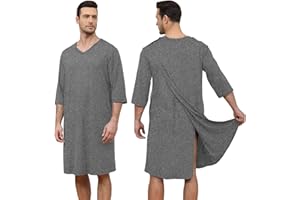 Liokoc Soft Elastic Men's Hospital Gown with Shoulder Snaps, Waist Drawstring, Side Pockets, Patient Gown for Men