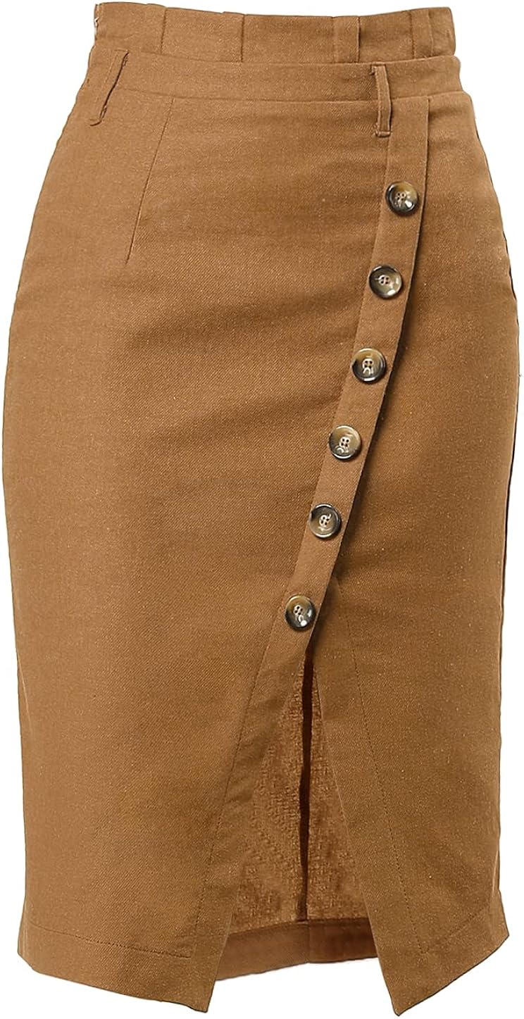 Allegra K Women's Button Decor Split Belted Smocked Vintage Short Pencil Skirt