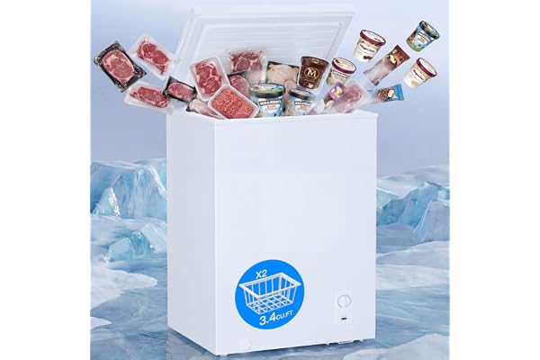 MEPTY 3.4 Cu.Ft Chest Freezer,Top Open Door Small Deep Freezer with 2 Removable Baskets,7 Adjustable Thermostat,Built-in LED Light,Quiet Energy Saving Freezers for Home,Kitchen,Garage Use