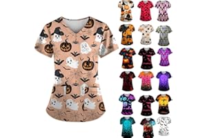 NAKHOPAZ Halloween Scrubs Tops for Women 2024 Fall Pumpkins Bats Ghosts Printed Shirts Short Sleeve Nursing Uniform