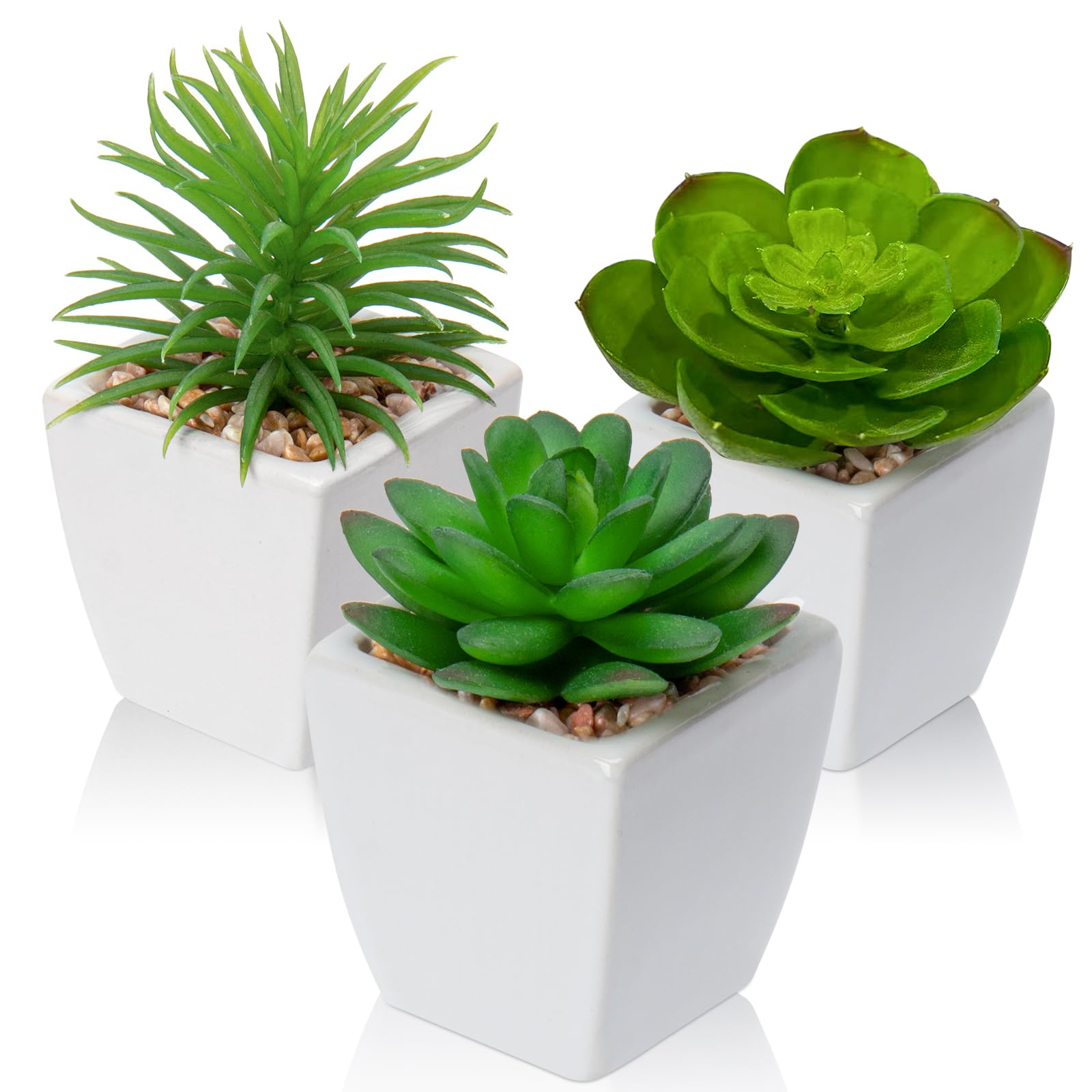 Hollyone 3PCS Small Fake Succulent Plants, Artificial Succulent in White Ceramic Pot, Decorative Faux Plants Office Desk Accessories, Greenery for Home Decor, Bathroom, Bedroom, Table Decorations