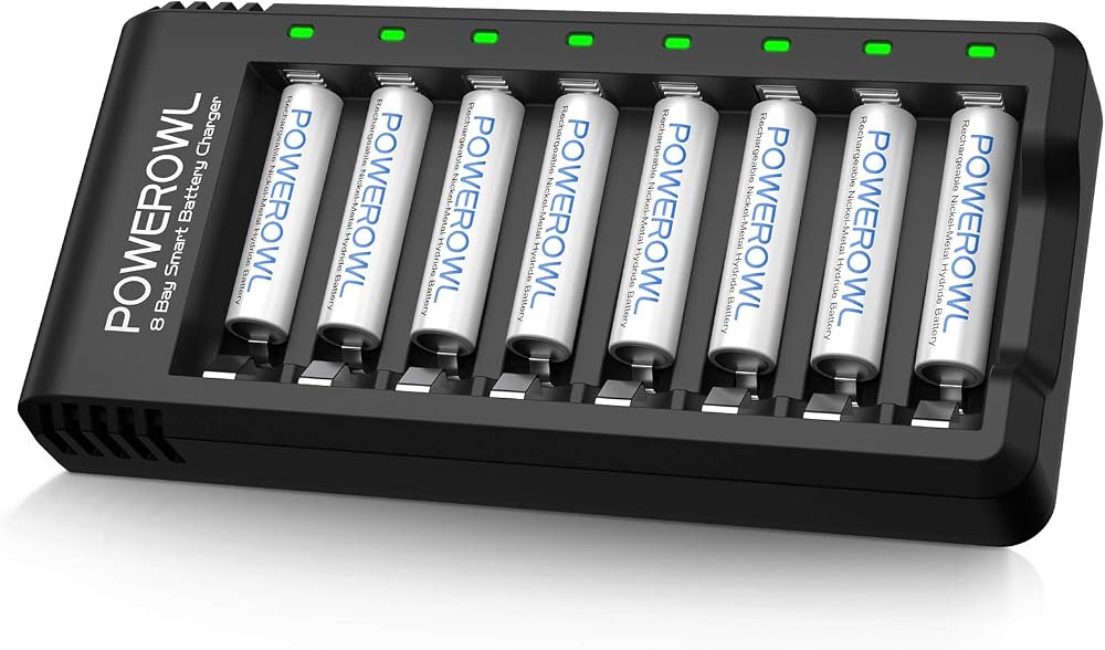 POWEROWL 8 Pcs 1000mAh AAA Rechargeable Batteries and 8 Bay Charger