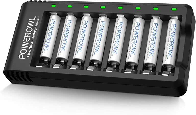 POWEROWL 8 Pcs 1000mAh AAA Rechargeable Batteries and 8 Bay Charger