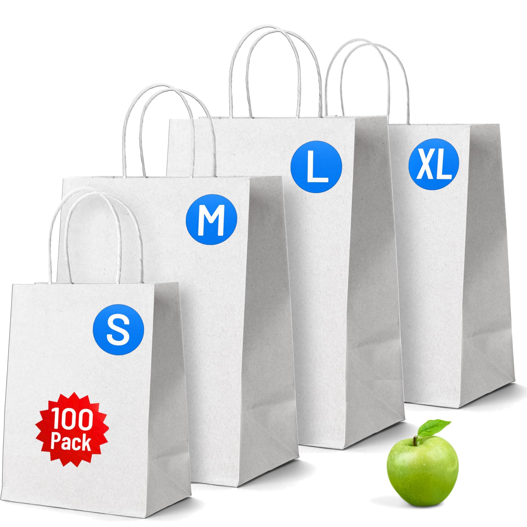 White Paper Bags with Handles - 100 Pack, XLarge 12 x 12.5 x 5.5", Twisted Handle Carrier Bag, Retail Lunch Party Gift