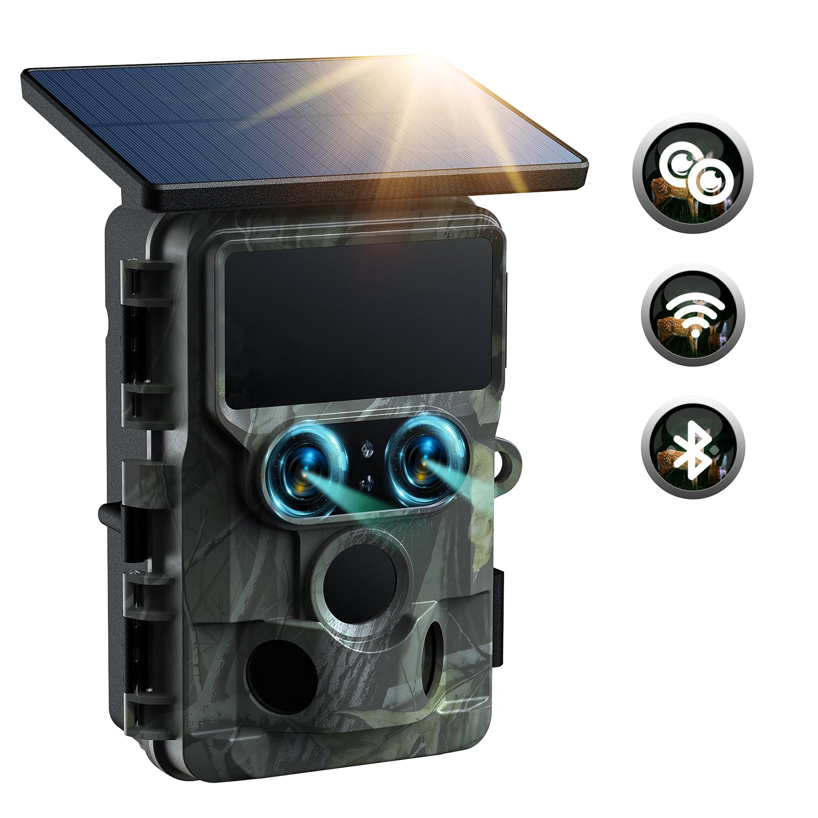Wildlife Camera Solar Powered - WiFi Bluetooth Dual Lens 60MP 4K UHD 30FPS Native Trail Hunting Cameras with Starlight Night Vision, IMX458 Sensors 0.1S Trigger IP66 Waterproof for Wildlife Monitoring