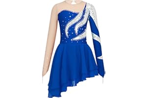 TSSOE Kids Girls Long Sleeve Sequins Printing Ice Roller Figure Skating Dress Illusion Ballet Dancewear