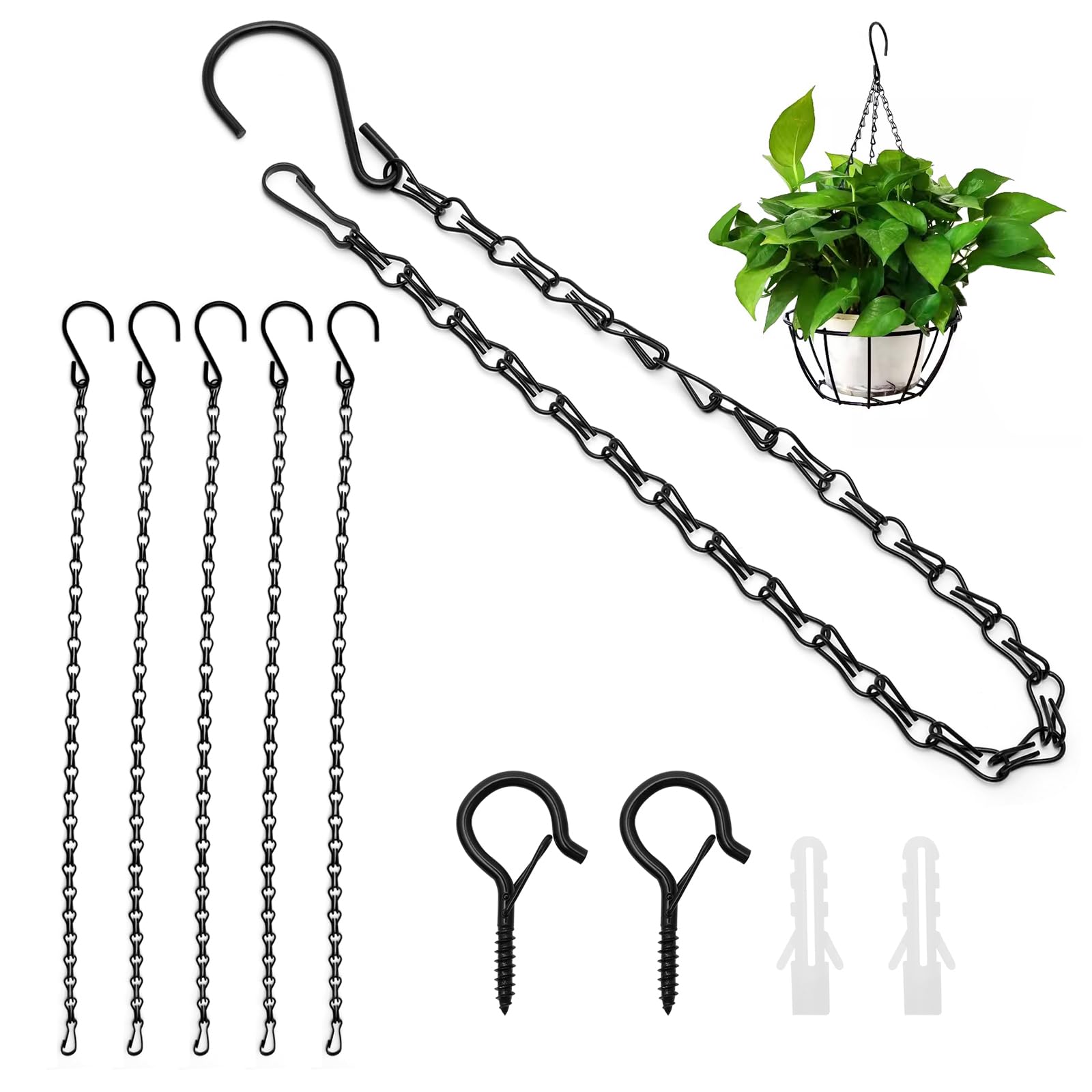 FL HUA 6-Pack Hanging Chains, 50 cm, Metal with 2 Ceiling Hooks, Black for Planters, Bird Feeders, Lamps