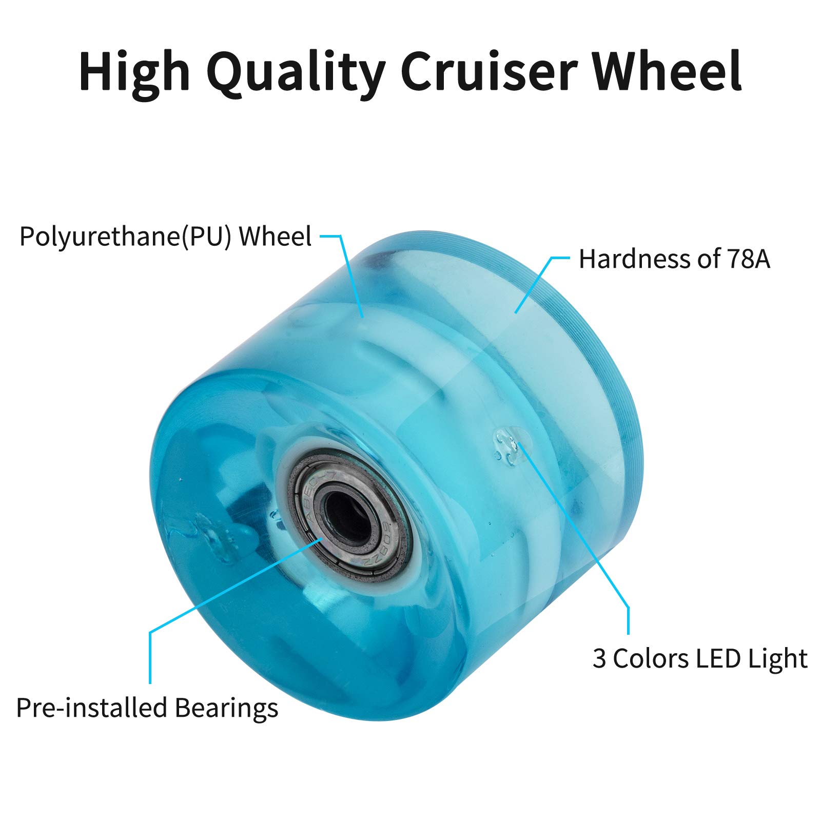 NONMON 4X Skateboard Wheels 60mm 78A LED Light Replacement Longboard Wheels Cruiser Wheels with ABEC-9 608ZZ Bearings, Blue