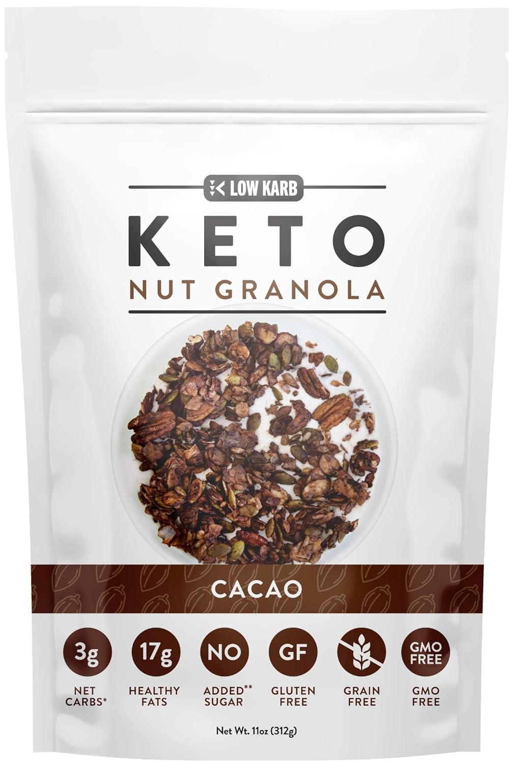 Low Karb - Keto Cacao Nut Granola Healthy Breakfast Cereal - Low Carb Snacks & Food - 3g Net Carbs - Almonds, Pecans, Coconut and more (11 oz) (1 Count)