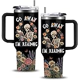 WWHSAI Skull Floral Tumbler 40oz with Lid & Straw - Go Away I'm Reading Skeleton Reading Gifts, Halloween Christmas Ghostface Decoration Horror Gifts Idea for Men Women Gothic Skulls
