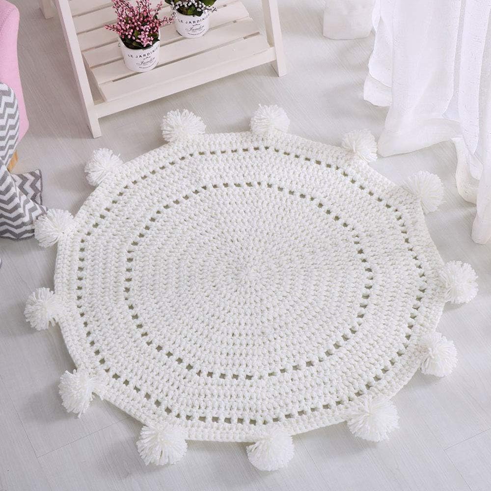 kgjsdf Handmade Knitting Solid Colors Round Rug with Pom-poms,Crochet Blanket Children Playmat for Bedroom Wave Window Decorations Model Room Soft Decoration Toddlers Play and Sleeping (White)