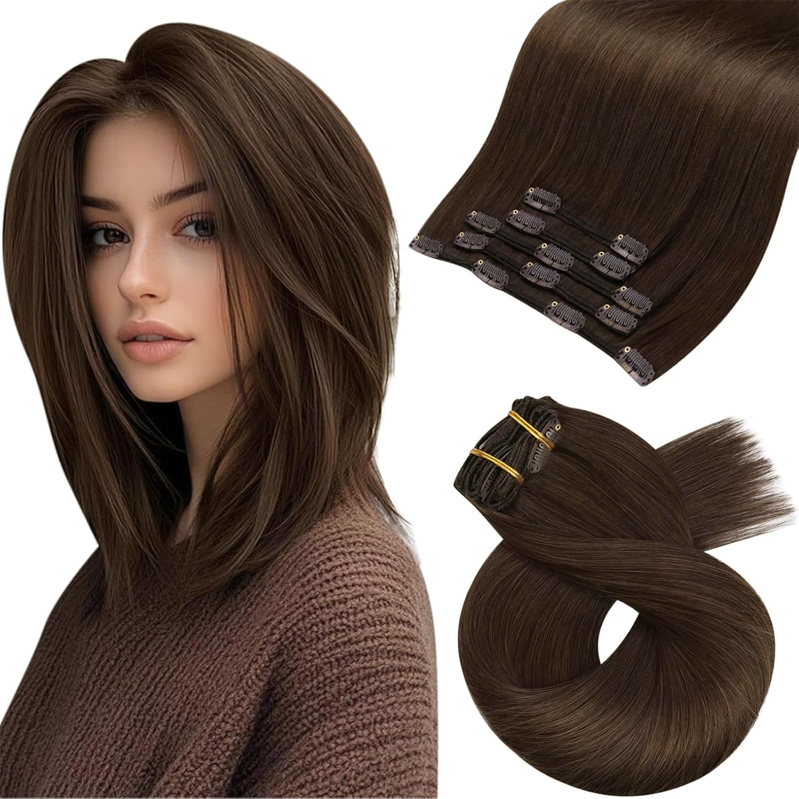Moresoo Clip in Hair Extensions Real Human Hair Dark Brown Human hair Extensions Clip in Double Weft for Women Invisible Clips Add Volume Daily Life Short Hair 12 Inch 5 Pieces/80g #4 — image 1