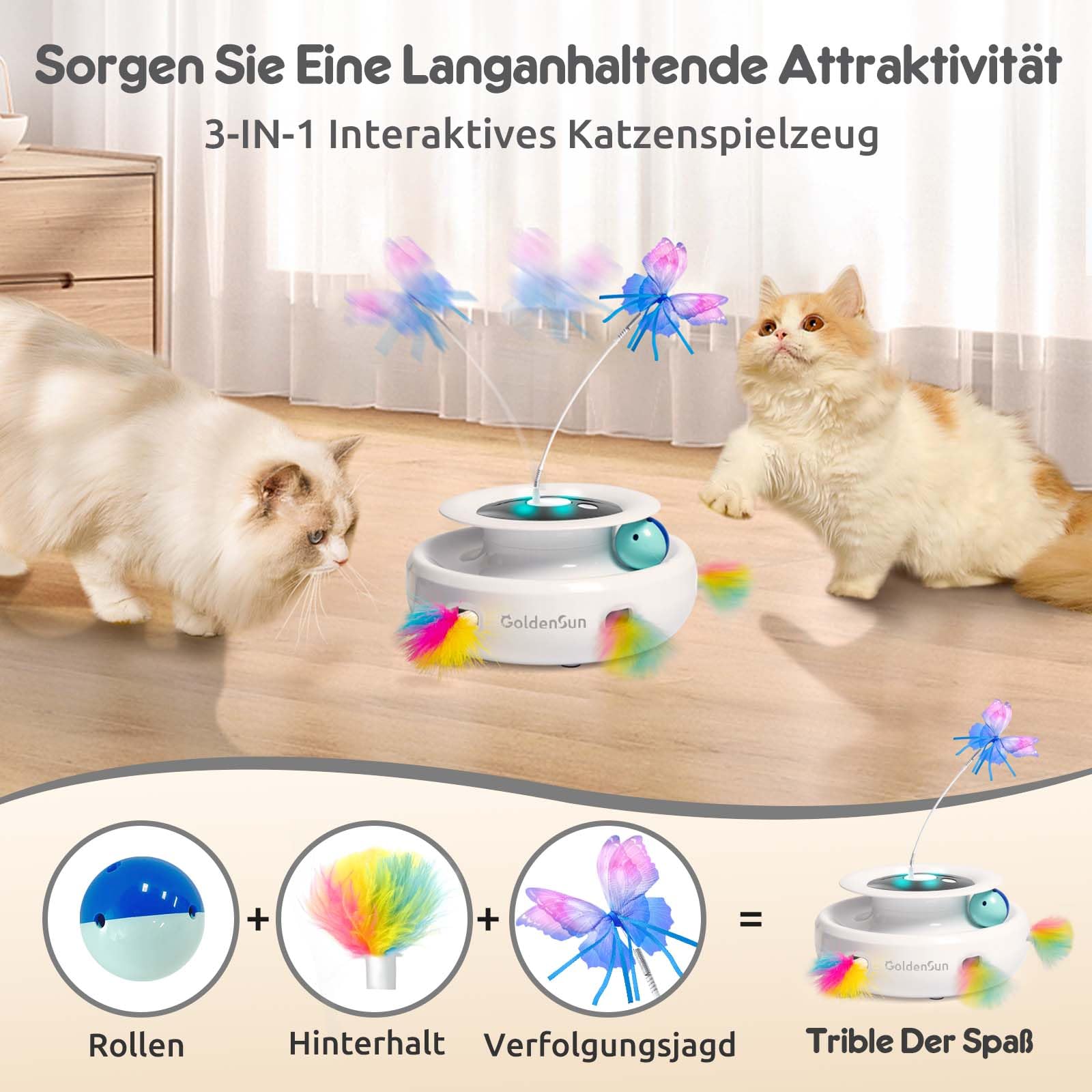 GoldenSun Katzenspielzeug, 3 in 1 Elektrisch Interaktives Automatischer Spielzeug für Katzen, Whack-A-Mole, Fluttering Butterfly, inklusive Ball, USB Wiederaufladbar Katzen Teaser mit 4 Aufsätzen 2