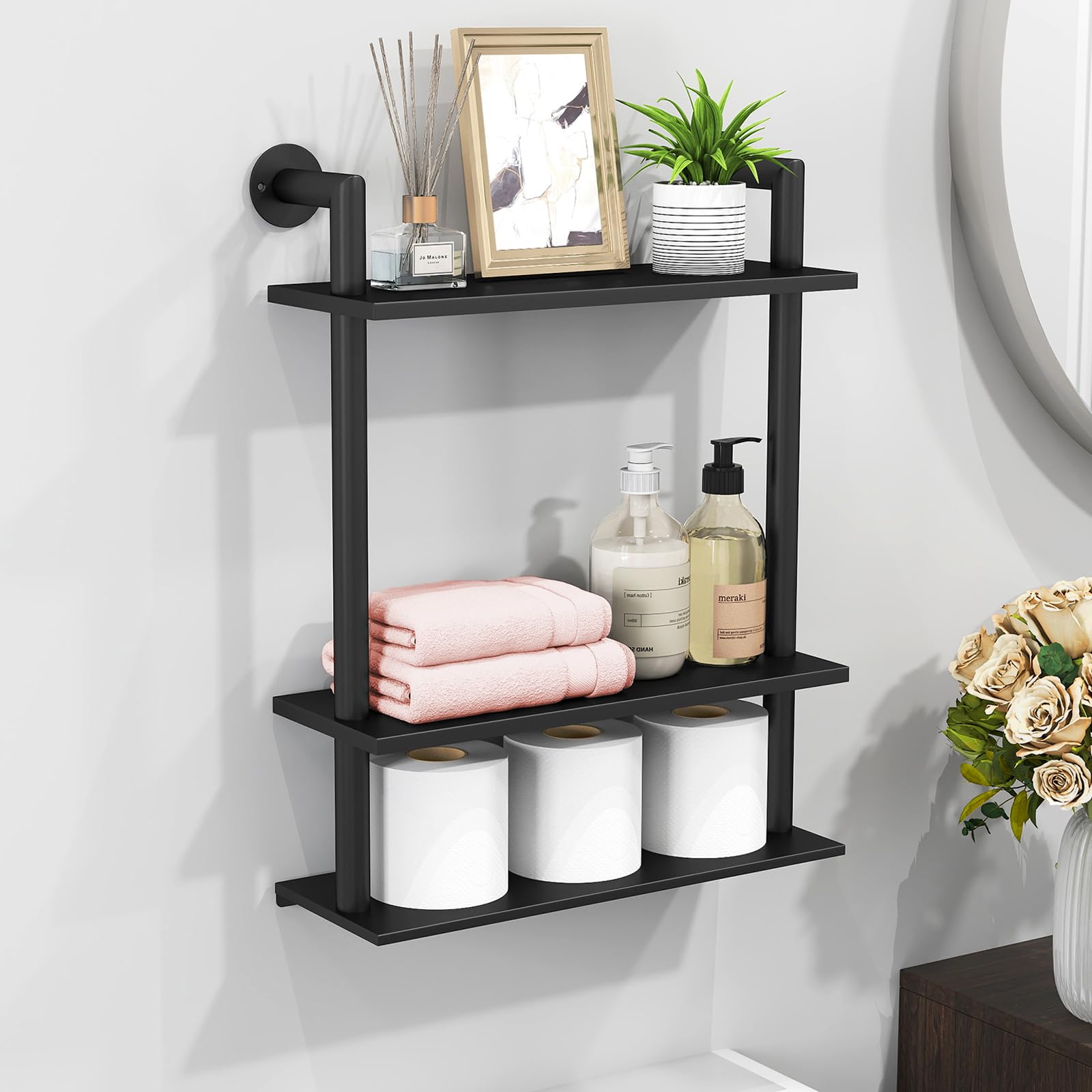 Photo 1 of FEILERN Floating Shelves, Wall Mounted Metal Floating Shelves Black with Frame and Towel Rack for Bathroom, Living Room, Bedroom, Kitchen