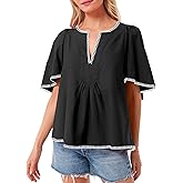 HOULENGS Women's Casual Ruffle Short Sleeve Tops 2025 Summer V Neck Pleated Blouses Loose Business Work Shirts