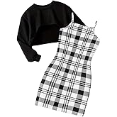 MakeMeChic Girl's 2 Piece Fall Outfits Cropped Sweatshirt and Plaid Bodycon Cami Dress Sets