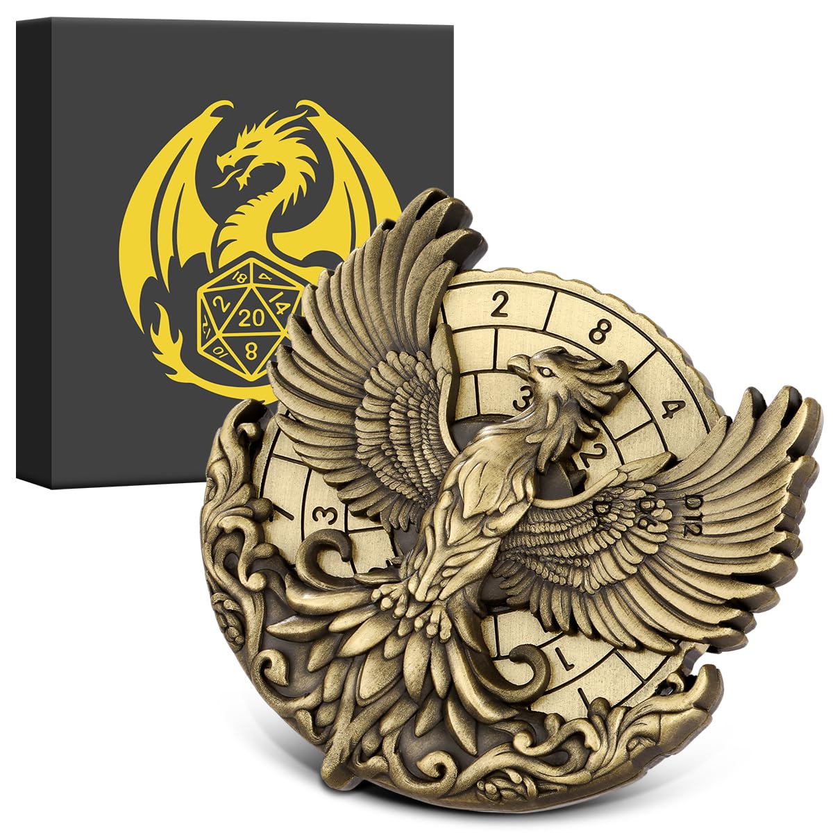 7-in-1 Phoenix Fingertip Gyro, DND Wheel Dice Spiner, DND Starter Set, 7-in-1 Metal D&D Dice Set, D&D Gifts with Dragon Logo Gift Box, Tabletop Games, Role Playing Board Game Accessories, Bronze — image 1