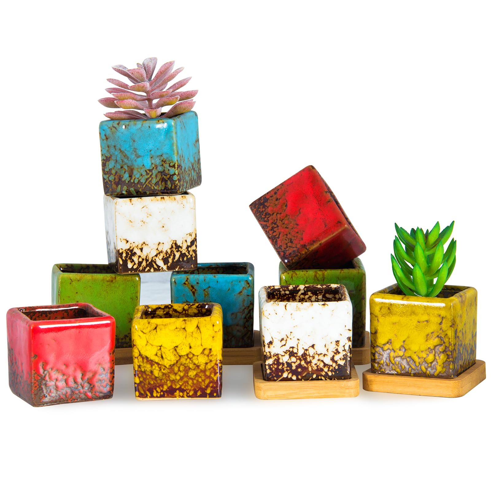 ARTKETTY Succulent Plants Pots, 5CM Ceramic Cactus Plant Pots with Drainage Tray Small Glazed Square Garden Pots for Cactus,Flower,herb Perfect for Windowsill or Desk Set of 5