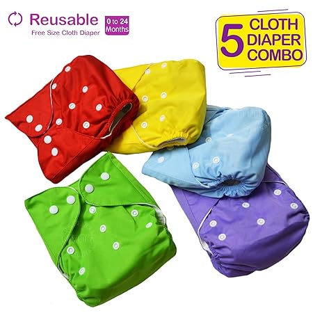 Bembika Baby Pocket Cloth Diapers Reusable Cloth Diapers Washable Adjustable Cloth Diapers One Size Adjustable Reusable (5 Pack) (0-2 Years) (No Inserts Included)