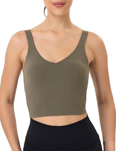 YUNOGA LONGLINE SPORTS BRAS FOR WOMEN CROPPED TANK TOP WITH BUILT-IN BRA ATHLETIC WORKOUT YOGA BRA TOPS (S, OLIVE GREEN)