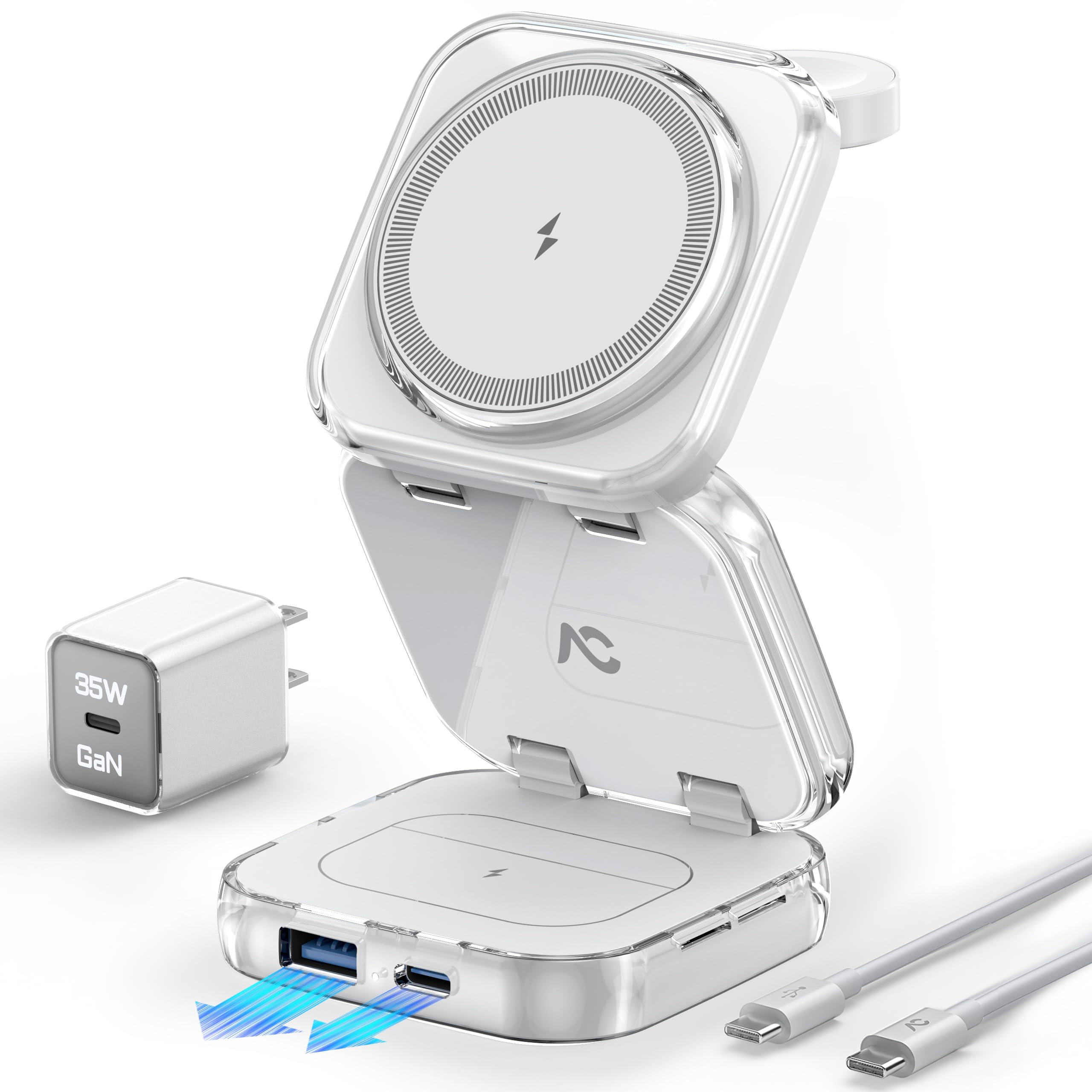 Photo 1 of 5-in-1 Wireless Charger for MagSafe, AC ISLAND Portable Travel Charging Station, 35W Max Fast Foldable Magnetic Stand, Evolved for iPhone 17-12 & Air Series, Apple Watch, AirPods (with 35W Adapter)