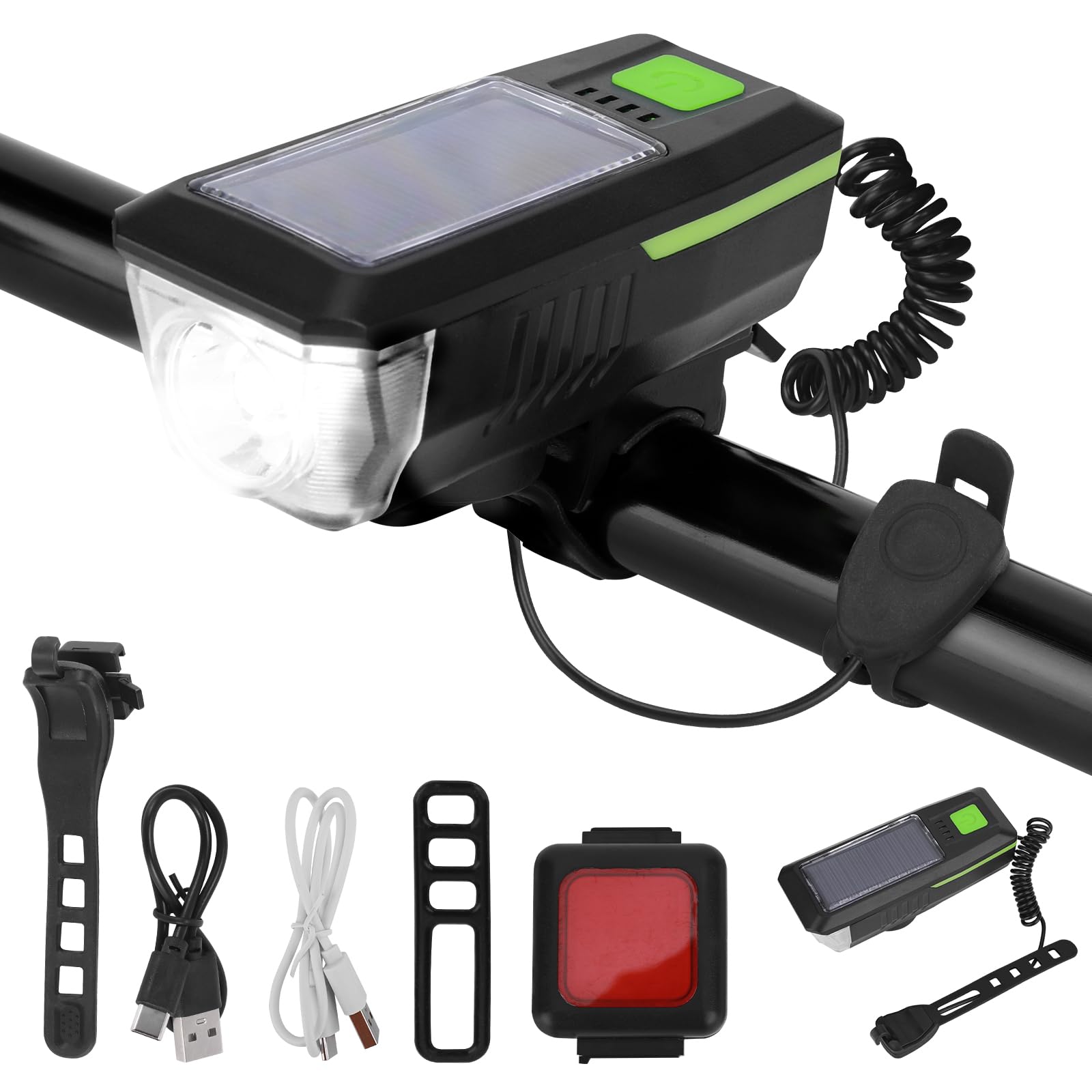 Bike Lights Front and Back Set, Rechargeable Bicycle Lights with Solar Panel and Electric Bell, IP65 Waterproof Mountain Cycle Lights for Mountain, Night Riding Full