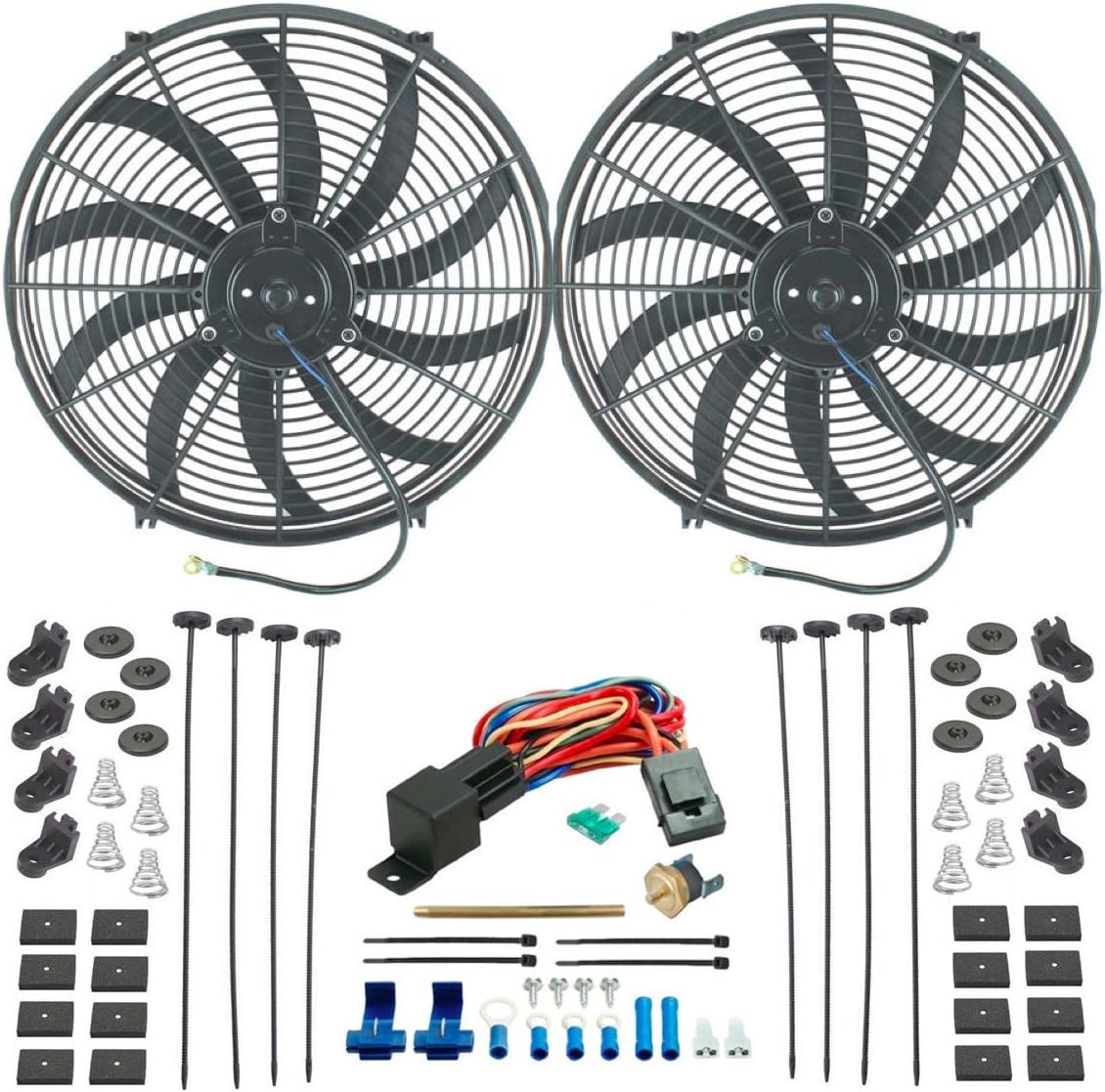 American Volt Dual 16" Inch Automotive Electric Radiator Cooling Fans Fin Push-in Probe Thermostat Wiring Temperature Switch Kit