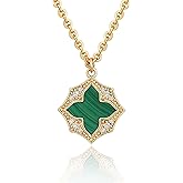 Fettero Necklaces for Women Trendy 14K Gold Plated Charm Necklace Green Malachite Heart Coin Butterfly Cross Clover Pendant Dainty Gold Necklace for Women Jewelry